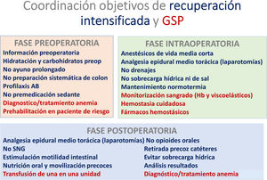 Objetivos nucleares de la vía RICA y de la GSP en los pacientes de cirugía abdominal mayor. AB: antibiótica; Hb: hemoglobina; SNG: sonda nasogástrica. Fuente: adaptada de Mendez et al.14.