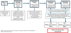 Evaluación prospectiva y cribado de los pacientes con LARS. ITA: irrigación transanal; LARS: síndrome de resección anterior baja; NMS: neuromodulación sacra; RHB: rehabilitación.