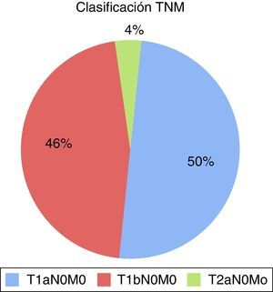 Porcentajes de la estadificación TNM: 14 pacientes T1a N0 M0 (50%), 13 pacientes T1b N0 M0 (46%) y un paciente T2a N0 M0 (4%).