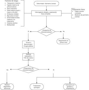 Diagrama de flujo de diagnóstico y tratamiento de craneosinostosis en niños de 23 meses o menos.