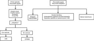 Algoritmo diagnóstico de pancreatitis aguda idiopática. CPRMN: colangiografía por resonancia magnética; TC: tomografía computarizada; USE: ultrasonografía endoscópica.
