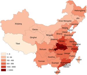 Distribución regional de los casos confirmados de COVID-19 en 34 provincias o ciudades en China a 10 de febrero del 2020.