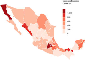 Distribución de pacientes con infección por COVID-19 confirmada por laboratorio en México por estado.