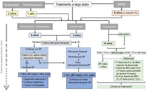 Algoritmo de continuación del tratamiento a largo plazo. BP: bisfosfonatos; MRO: marcadores de recambio óseo; SERM: moduladores selectivos del receptor de estrógenos. * No existen datos suficientes para establecer una recomendación pasado ese tiempo de tratamiento, por lo que se enumeran las opciones posibles ante una decisión que deberá ser individualizada.