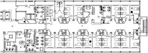 Plano de la planta de hospitalización en la que se produjo el brote de infección por el SARS-CoV-2. A: ascensor; AE: área de enfermería; AM: área médica; B: baño; Ex: sala de exploraciones; HPD: habitación de pacientes; HPI: habitación de paciente; P: pasillo; punto negro: habitaciones donde se llevó a cabo tratamiento broncodilatador mediante nebulización; S: secretaría; SE: salida de emergencia; SR: sala de reuniones; V: vestíbulo; VA: habitación con ventilación averiada.