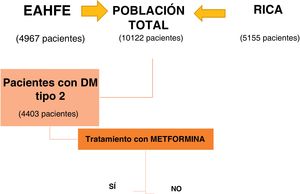 Diagrama de flujo de los pacientes. DM: diabetes mellitus; EAHFE: Epidemiology of Acute Heart Failure in Emergency Departments; RICA: Registro Nacional de Pacientes con Insuficiencia Cardiaca.