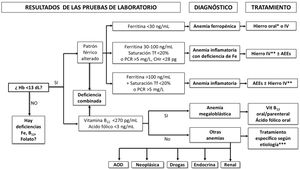Algoritmo diagnóstico-terapéutico de la anemia preoperatoria AEE: agente estimulador de la eritropoyesis; AOD: anemia de origen desconocido; Hb: hemoglobina; CHr: contenido de Hb reticulocitaria; Hierro IV: hierro intravenoso (preferentemente, formulaciones que permiten la administración rápida de dosis altas); PCR: proteína C-reactiva; Tf: transferrina. *Hierro oral convencional o hierro sucrosomado. **Hierro IV, hierro intravenoso (preferentemente, formulaciones que permiten la administración rápida de dosis altas) o hierro sucrosomado (si hay tiempo suficiente antes de la cirugía, especialmente si existen dificultades para implementar la logística de administración del hierro IV). ***En la mayoría de los casos, el tratamiento será la administración de un AEE.