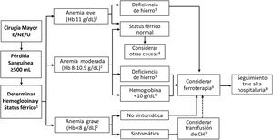 Algoritmo diagnóstico-terapéutico de la anemia posoperatoria Siempre que sea posible, evaluar el estatus férrico dentro de las primeras 24 horas posoperatorias, si no se ha realizado ya en la evaluación preoperatoria (1). En pacientes sin sangrado posoperatorio, controlar la hemoglobina a las 24 y 72-96 horas después de la intervención (1). Valorar la presencia y gravedad de la anemia según los criterios de la OMS: Hb <12g/dL para mujeres, Hb <13g/dL para hombres (2). La deficiencia posoperatoria de hierro se define por ferritina <100 ng/mL, ferritina <300 ng/mL y saturación de transferrina <20% o hemoglobina reticulocitaria <28 pg (3). Si no hay deficiencia de hierro, considerar otras causas (4). Considerar ferroterapia (6), preferentemente IV en casos de anemia leve o moderada con deficiencia de hierro (3) o Hb <10g/dL debida a anemia preoperatoria o sangrado quirúrgico abundante, independientemente del status férrico (5). En pacientes con anemia posoperatoria grave o que declinan la transfusión, considerar la adición de un AEE al tratamiento con hierro IV, aunque existe poca evidencia sobre su uso en este contexto y debe valorarse caso por caso. En pacientes con anemia grave sintomática, considerar TCH si el paciente consiente, transfundiendo las unidades de una en una, con reevaluación de las necesidades adicionales (7). Considerar la administración de suplementos de hierro IV o hierro sucrosomado después de la transfusión, utilizando la hemoglobina pos-transfusión para el cálculo de la deficiencia total de hierro (6). Realizar seguimiento del paciente tras el alta hospitalaria (8).