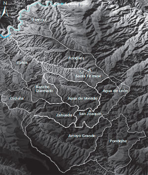 Micro-watersheds in the San Joaquín region. Azogues stream from its origin (A) to its river mouth with the Extóraz river (B).