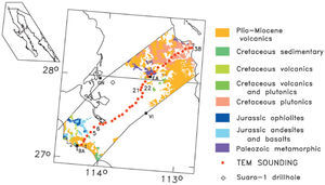 Location and generalized geology (after Delgado Argote, 2000) in the vicinity of the Vizcaino transect. Solid dots denote the 38 TEM soundings. Abbreviations: BA Bahía Asunción, GN Guerrero Negro, VI Vizcaino, EA El Arco. The location of the Suaro-1 drillhole is indicated. Location and generalized geology (after Delgado Argote, 2000) in the vicinity of the Vizcaino transect. Solid dots denote the 38 TEM soundings. Abbreviations: BA Bahía Asunción, GN Guerrero Negro, VI Vizcaino, EA El Arco. The location of the Suaro-1 drillhole is indicated.
