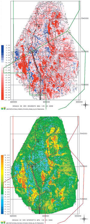 Maps of A) Intercept and B) Gradient at top of the Ciénaga de Oro formation. The bold contour at 2480 ms indicates the gas-water contact.