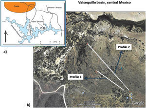 Valsequillo basin study area, central Mexico. (a) Schematic map of the Valsequillo dam reservoir. Study area is in the northern sector (González et al., 2006a). (b) Location of resistivity profiles in the Xalnene outcrop plain (base map is a Google Landsat satellite image).