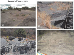 Views of the Xalnene tuff. (a) View of the quarry zone investigated by the resistivity soundings. (b, c) Views of the quarry operations, showing the trenches and the slabs cut from the ash layers. (d) View of marks left from quarry operations, modified by erosion. (a) View of marks produced by the mechanical excavator, partly eroded. The incision pattern with parallel groves can be observed.