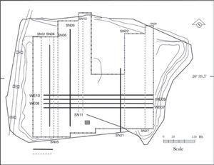 Location o f interpreted profiles at Matatlan dumpsite. Solid black lines are profiles interpreted with VLFMOD program, whereas gray dashed lines are profiles interpreted with KHFFILT program. Symbols like WE10 or SN11 are the names of the consecutive profiles.