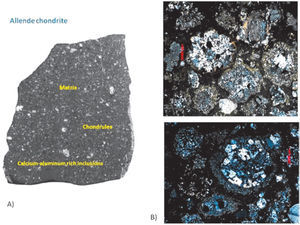 (A) Image of a slab fragment of the Allende CV3 chondritic meteorite showing the chondrules, refractory calcium-aluminum rich inclusions and fine grained silicate matrix. (B) Thin-section microphotographs of Allende chondrules, showing the diversity of textures, morphologies and mineral compositions.