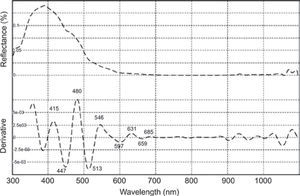 Typical reflectance profile with its derivative spectrum showing main reflectance and absorption peaks. Typical reflectance profile with its derivative spectrum showing main reflectance and absorption peaks.