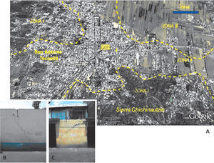 The satellite image (Google, 2012) displays the San Antonio Tecomitl town. The inset depicts the different damages (B) and (C) observed in the study area. Note fissures and cracks on walls.
