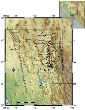 Relocated epicenters originating 2003–2011 (circles filled in black). The stars represent centers of population. P (Pitáycachi), T (Teras), and O (Otates) are the faults that ruptured in the 1887 earthquake. The boundaries of the five rectangles are used to subdivide the region for relocation purposes. The circles filled in red correspond to epicenters reported by the Bulletin of the International Seismological Centre originating between 22 March 1964 and 27 June 2013.