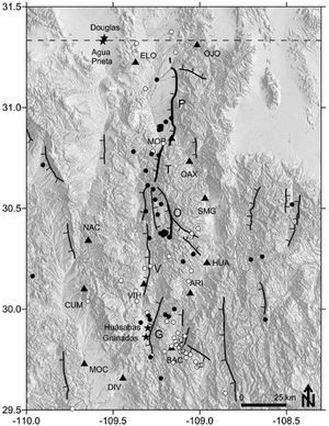 Relocated microseismicity epicenters originating between 2003 and 2011 and located near the faults that ruptured in 1887 (P, Pitáycachi; T, Teras; O, Otates) and the Villa Hidalgo (V) and Granados (G) faults. Circles filled in black correspond to epicenters originating 2003–2007 and circles filled in white to epicenters originating 2008– 2011. The triangles indicate the locations of the seismic stations.