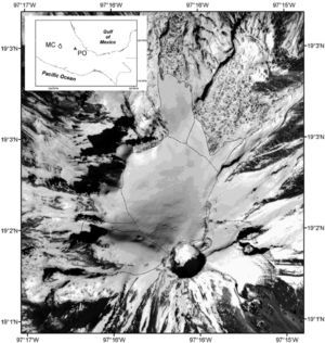 Location of Citlaltépetl volcano (PO) and Mexico City (MC). The orthophoto was obtained from an aerial-photograph of INEGI (1975).