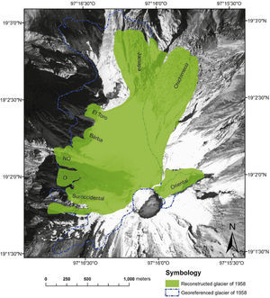 Reconstructed Glaciar Norte for 1958 vs. the geographically corrected Glaciar Norte mapped by Lorenzo in 1958. Orthophoto was made from an aerial photograph taken in December 1998.