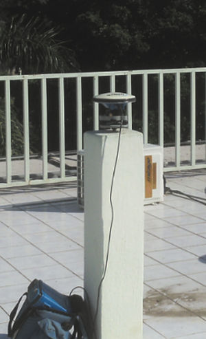 Monumentation of BASE 1 site, located on top of the FACITE building; UAS campus. GPS Receiver Ashtech Z-Xtreme with Ashtech (ASH701975.01A) antenna, collecting data on October 9, 2010.