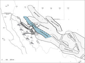 Map showing the paleogeography and structural elements that controlled the geologic evolution in the Upper Cretaceous. The Aldama Platform and its possible continuation towards the north-east of Sonora as the Cananea High were important elements in the evolution of the study area. The black arrows show the occurrence of slipped megaclasts and the gray arrows suggest the possible source of the sediments that constitute the rocky outcrops of the Upper Cretaceous in the study area (square). Megaclast localities: Los Ajos (LA), El Tigre (ET), Magdalena (MA), San Antonio (SA), La Madera (MD), Lampazos (LA), Los Chinos (LC) and Arivechi (AR), msm = Mojave-Sonora megashear, saf = San Antonio fault, laf= Los Ajos fault. Modified from Anderson and Nourse (2005) including Monreal (1996).