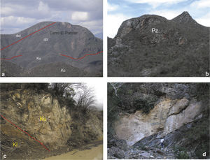 Megaclasts exposed in the Arivechi region. a) megaclast composed of quartzite and dolomite of Proterozoic age constituting Cerro El Palmar. In the forefront is the conglomerate that, together with the megablock, forms part of the Cañada de Tarachi Unit. dol = dolomite, qtz = quartzite, Ku = volcano-sedimentary rocks. b) Paleozoic limestone megaclast. North view. c) 76 Ma granite block (Ku) which is jammed in Lower Cretaceous rocks (Kl). Note the deformation in the rocks of the Lower Cretaceous (Ki). d) Megaclast of uncertain age embedded in the Cañada de Tarachi Unit. Outcrop along the arroyo Cañada de Tarachi.