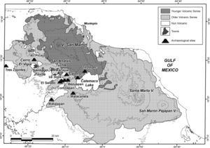 Generalized geology and archaeological sites at Tuxtla Volcanic Field (Geology modified after Nelson and González-Caver, 1992; Archaeological sites after Santley et al., 1984).