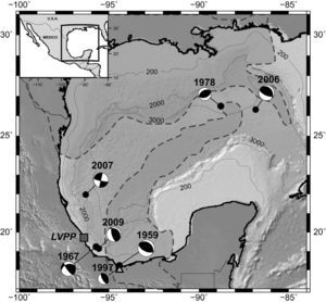 Earthquakes in and near Gulf of Mexico with known focal mechanism. Source parameters of the events are listed in Table 2. Focal mechanisms show that the mid- and lower crust of the Gulf is under compressive stress regime. Dotted lines indicate the bathymetry of the Gulf and gray dashed lines denote the limits of the buried salt deposits. LVPP = Laguna Verde Power Plant. Triangle shows location of station TUIG.