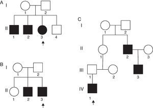 Pedigrees of the three familial cases (A–C) with the same type of Arthrogryposis multiplex congenital. Arrows indicate the affected patients. Squares represent males and circles, females; filled squares/circles represent affected individuals.