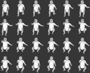 Video print of a 14-week-old infant showing fidgety movements as time evolves from left to right and from top to bottom. A frame rate of 12.5Hz is used, yielding a total time of 1.92s.