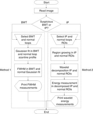 Methodological flowchart for assessing necrotizing enterocolitis in neonatal radiographs. Two different methods are present. Method 1 uses full-width at half-maximum (FWHM) measurements to identify bowel wall thickening (BWT). Method 2 is a hybrid tool which applies region growing, wavelet transform, and energy measurement to identify intestinal pneumatosis (IP).