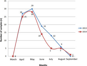 Distribution of acute respiratory infections (ARI) (n) by months of 173 children younger than two years old with bronchiolitis hospitalized in three different hospitals (107, 43 and 23 from UNICAMP Clinical, Vera Cruz and Sumaré State Hospitals respectively) in 2013 and 2014 from Campinas Metropolitan Region, São Paulo State, Brazil.