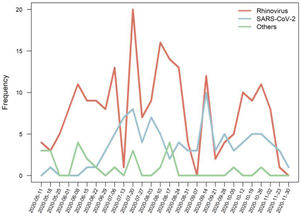 Absolute frequency of rhinovirus, SARS-CoV-2 and other detected pathogens (adenovirus, Chlamydophila pneumoniae, coronavirus NL63, enterovirus, metapneumovirus, Mycoplasma pneumoniae) considering the epidemiological weeks from May to November 2020.