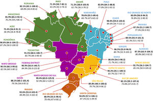 Average PCV10 uptake (with range) for primary doses (in bold) and booster doses (in Italic), per Brazilian state, during late post-vaccine period (January 2012 – August 2022) National coverage data for full PCV10 vaccination among children (developed by the authors, data obtained from reference11 and adapted from reference29).