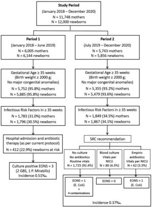 Flowchart. Number of deliveries and newborns assisted in our maternity hospital during the two study periods, management recommendations, and incidence of early-onset neonatal sepsis in each period.