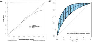 (a) The calibration plot represents the predicted probability and the actual incidence of severe PIVH; (b) Bootstrap resampling of 1000 replications for internal validity.