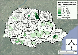 Map of the spatial distribution of mean rates of sexual violence per residence municipality in the 0–19 years age group per 100.000 population in Paraná State, Brazil, from 2017 to 2021, stratified by geographic mesoregions and smoothed through the empirical Bayesian method.