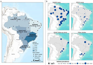 Geographic map representing the prevalence of active asthma in Brazil and its regions (A) and prevalence of asthma according to studies (B).