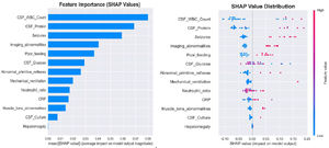 RF Global model explanation by the SHAP method. (A) Feature Importance Scores of the RF Model. The importance of the 13 features was shown in descending order. (B) SHAP summary beeswarm plot of RF Model. The probability of NBM long-term adverse outcomes of NBM increases with the SHAP value of a feature. A dot is made for SHAP value in the model for each single patient, so each patient has one dot on the line for each feature. The colors of the dots demonstrate the actual values of the features for each patient, as red means a higher feature value, and blue means a lower feature value. The dots are stacked vertically to show density. CSF, cerebrospinal fluid CRP, C-reactive protein; WBC, white blood cells; SHAP, Shapley Additive explanations; NBM, neonatal bacterial meningitis; LightGBM, Light Gradient Boosting Machine.