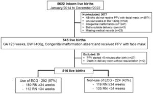 Flow diagram of the included infants. BW, Birth weight; ECG, Electrocardiogram monitor; GA, Gestational age; PPV, Positive pressure ventilation.