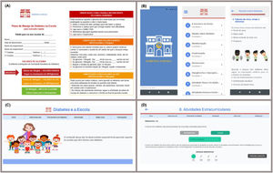 Educational package on diabetes care in schools. (A) Printed diabetes management plan. (B) Mobile application containing modules on diabetes training. (C) Website with training resources, downloads, and additional information. (D) An interactive platform with quizzes to reinforce learning.