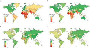 Current status and temporal trends of neonatal mortality across 204 countries and territories. A. The mortality rate in 2000; B. the mortality rate in 2021; C absolute changes in counts; D. the AAPC of mortality rate from 2000 to 2021. AAPC, average annual percentage change; LB, live births.