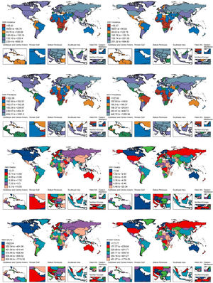 Geographical distribution of the global disease burden for urogenital congenital anomalies (UGCAs) in children under 9 years old in 1990 and 2021.