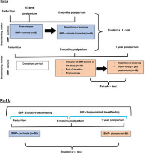 Flowchart of study groups and monitoring models (Part a and b). BFM-controls, BFM-donors, EBF, Exclusive breastfeeding; SBF, Supplemented breastfeeding.