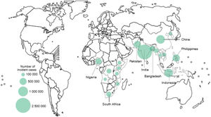 Incidencia estimada de TB en 2018, para países con al menos 100.000 casos incidentes. Fuente: Global Tuberculosis Report 2019. Geneva: World Health Organization; 2019. Licence: CC BY-NC-SA 3.0 IGO. Disponible en: https://www.who.int/tb/publications/global_report/en/.