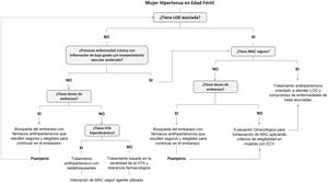 Algoritmo de orientación para definir el esquema terapéutico antihipertensivo en mujeres en edad fértil. ECV: enfermedad cardiovascular; HTA: hipertensión arterial; LOD: lesión de órgano diana; MAC: método anticonceptivo.