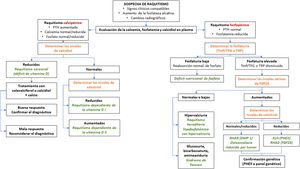 Algoritmo diagnóstico del raquitismo. FGF-23: factor de crecimiento de fibroblasto 23; PTH: hormona parotiroidea; RHAD: raquitismo hipofosfatémico autosómico dominante; RHAR: raquitismo hipofosfatémico autosómico recesivo; TFG: tasa de filtrado glomerular; TmP: reabsorción tubular máxima de fosfato; XLH: raquitismo hipofosfatémico ligado al cromosoma X. Fuente: Traducido y adaptado con permiso de Springer Nature Customer Service Centre GmbH: Adis, Advances in Therapy. González-Lamuño D45. ©Springer Healthcare Ltd., part of Springer Nature 2020.