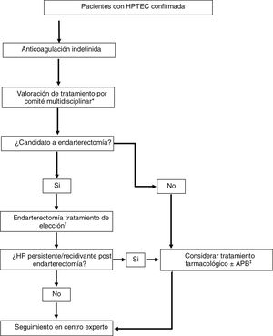 Estrategia terapéutica en pacientes con hipertensión pulmonar tromboembólica crónica.Adaptada de Humbert et al.1 APB: angioplastia pulmonar con balón; HP: hipertensión pulmonar; HPTEC: hipertensión pulmonar tromboembólica crónica; RVP: resistencia vascular pulmonar. *Formado por: cirujano cardiovascular, radiólogo intervencionista experto en APB, especialista en HP, radiólogo torácico y anestesiólogo con experiencia en HPTEC. †En pacientes candidatos a endarterectomía con RVP > 12,5 unidades Wood considerar tratamiento farmacológico de acondicionamiento antes del procedimiento (riociguat ± macitentan). ‡En pacientes candidatos a APB con RVP > 4 unidades Wood considerar tratamiento con riociguat antes del procedimiento.